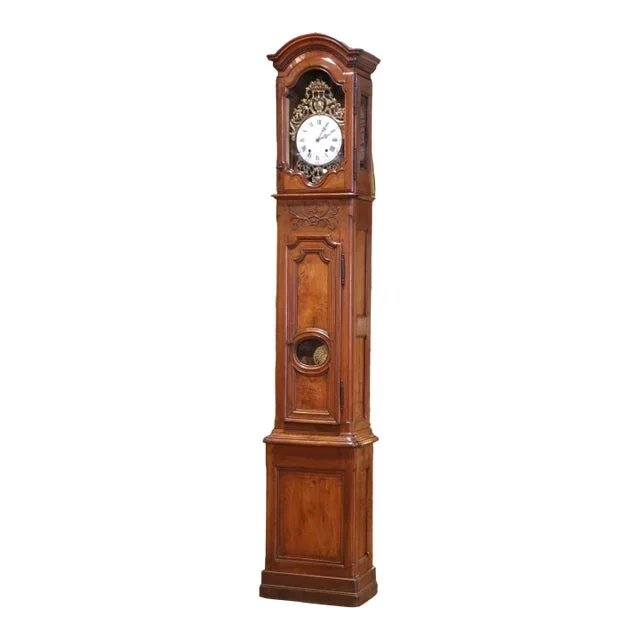 Mid-18th Century French Louis XV Carved Walnut Tall Case Clock From Lyon