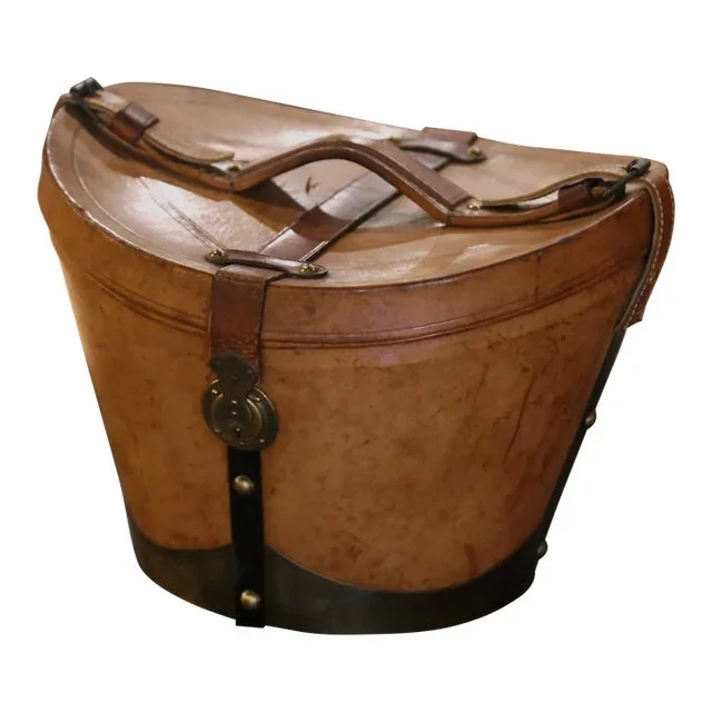 Mid-19th Century French Oval Pigskin Leather Hat Box With Original Top Hat