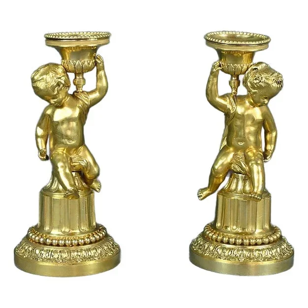Mid-19th Century Louis XVI Gilt Bronze Candleholders, Set of 2