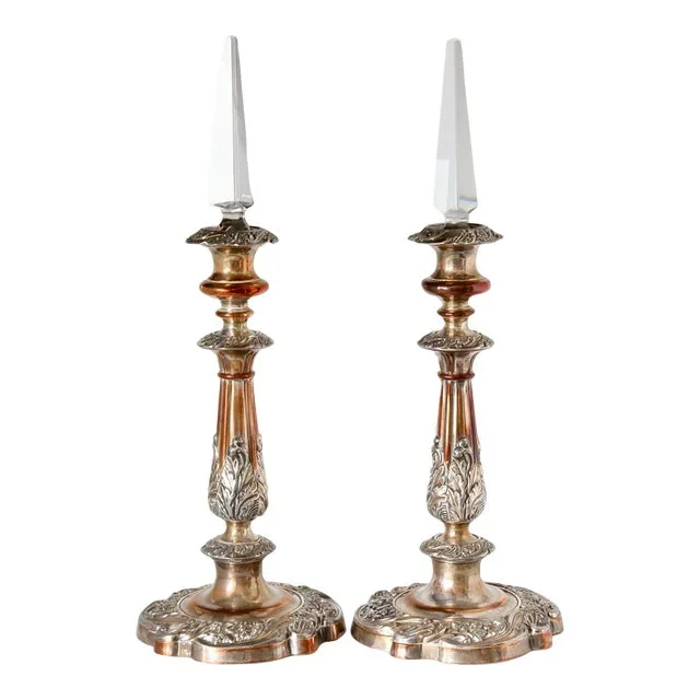 Mid 19th Century Sheffield Candlesticks with Crystal Lustres- a Pair