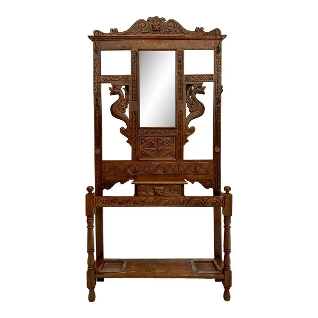 Mid 20th C. Hand-Carved Halltree Entry Organizer With Mirror and Hooks
