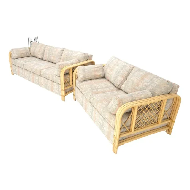 Mid 20th Century Bent Bamboo Frames Linen Like Upholstery Sofas – Set of 2