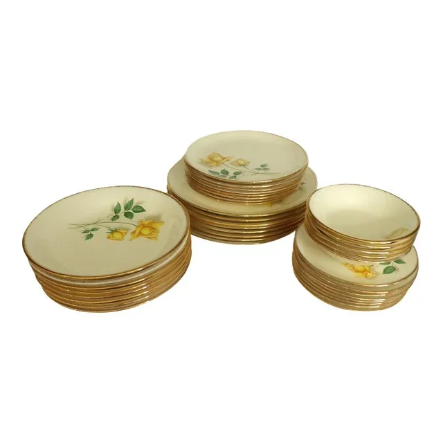 Mid 20th Century Dinnerware Setting for 8 by Simplicity, Yellow Rose Pattern, Plates and Bowls Only- 37 Pieces