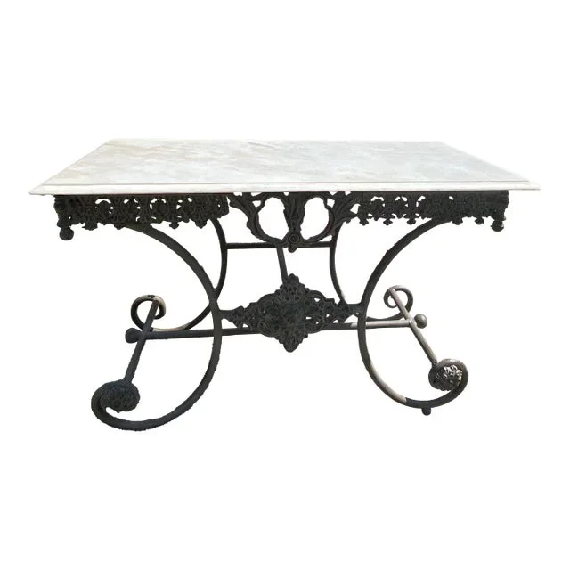 Mid 20th Century French Butchers/ Patisserie Marble Top Iron Base Table