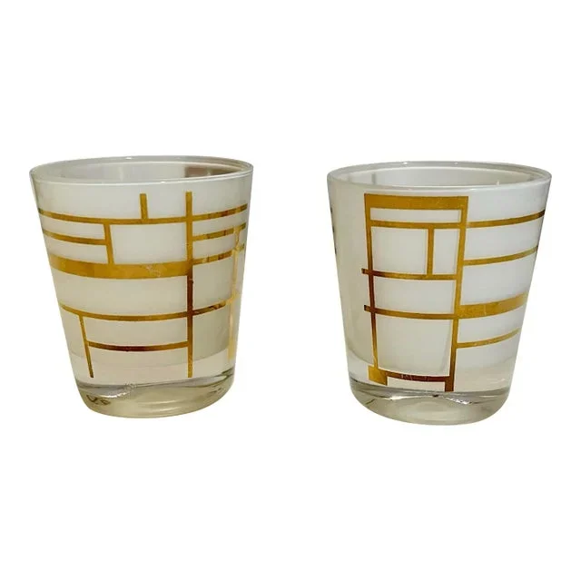 Mid 20th Century Gold & White Geometric Juice Glasses- a Pair