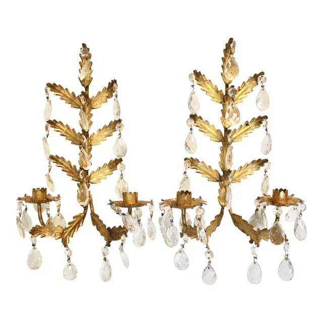 Mid 20th Century Italian Golden Gilt Crystal Sconces
