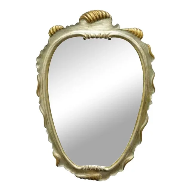 Mid 20th Century Italian Hollywood Regency Gold and Silver Giltwood Scroll Carved Wall Mirror