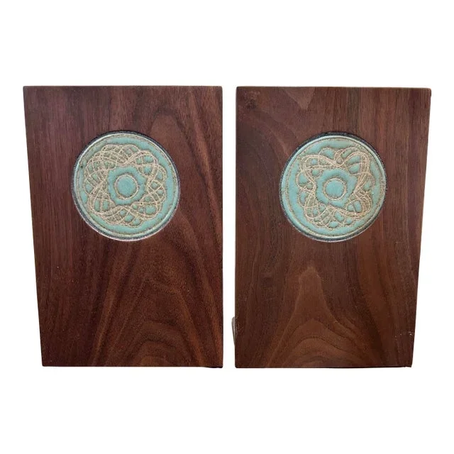 Mid 20th Century Jane & Gordon Martz Marshall Studios Ceramic Tile and Wood Bookends- a Pair