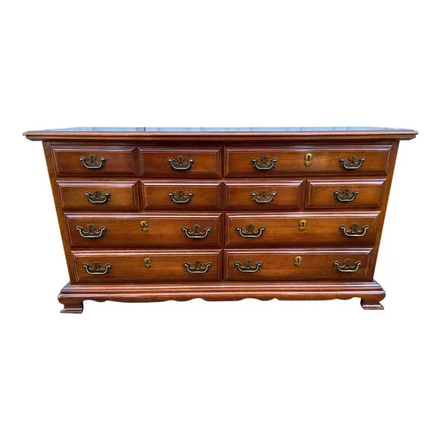 Mid 20th Century Kling Furniture Vintage Chippendale Style 9 Drawer Solid Cherry Dresser.