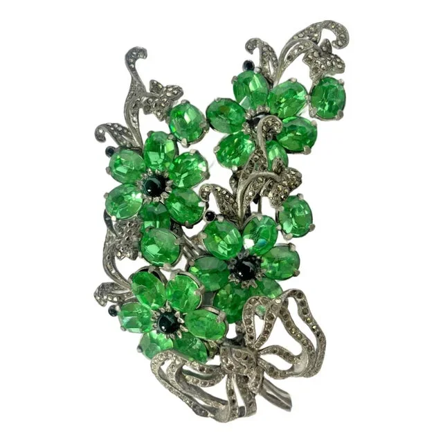 Mid 20th Century Large Green Glass and Marcasite Flower Bow Pin