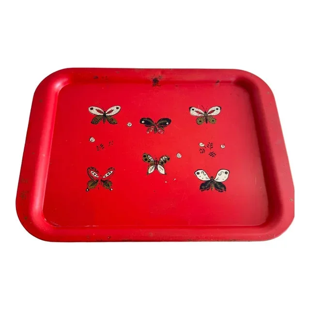 Mid 20th Century Painted Metal Serving Tray With Butterfly Motifs