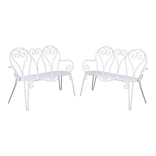 Mid 20th Century Painted Wrought Iron Scrolled Garden Benches, a Pair