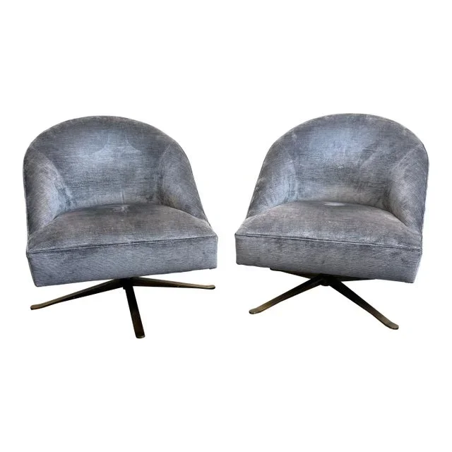Mid 20th Century Pair of Mid-Century Modern Lee Industries Barrel Back Swivel Chairs With Brass Base and Blue Velvet Upholstery