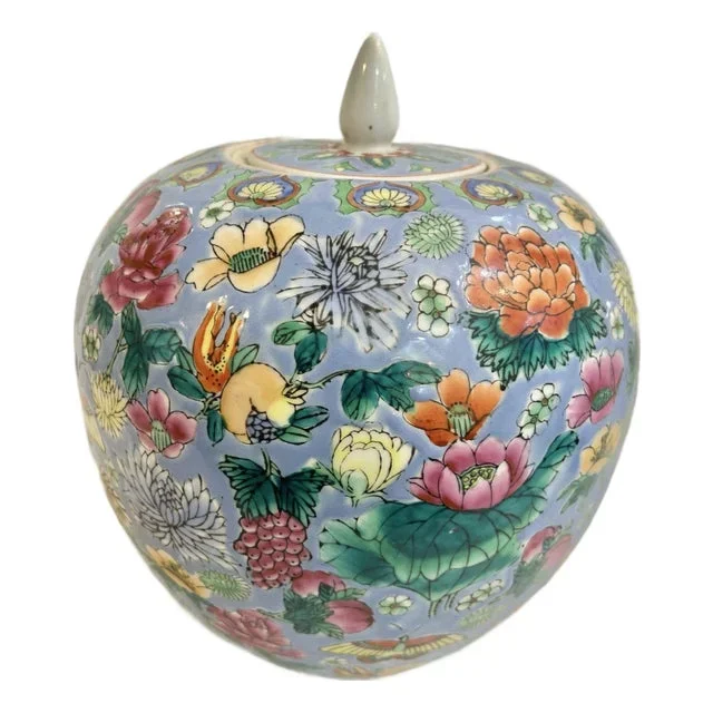 Mid 20th Century Peony and Butterfly Chinoiserie Melon Jar