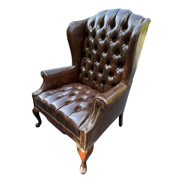 Mid 20th Century Queen Anne Style Tufted Leather Look Wingback Chair