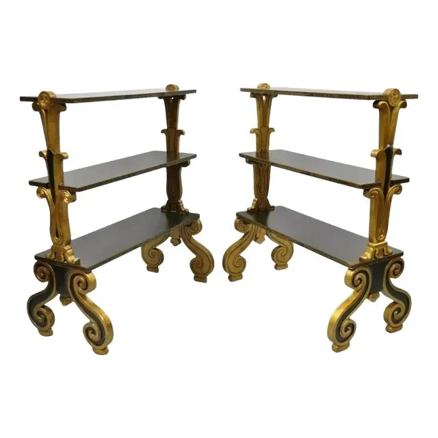Mid 20th Century Regency Style Black & Gold 3 Tier Whatnot Stands Bookcase Shelf Curio – A Pair