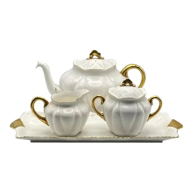 Mid 20th Century Shelley White & Gold Regency Dainty 4-Piece Tea Set With 4-Cup Teapot, Sugar, Creamer and Sandwich Tray