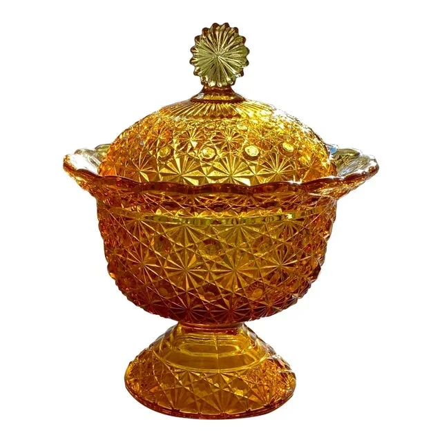 Mid 20th Century Sparkling Candy Dish & Lid Daisy and Button Amber by L G Wright Glass