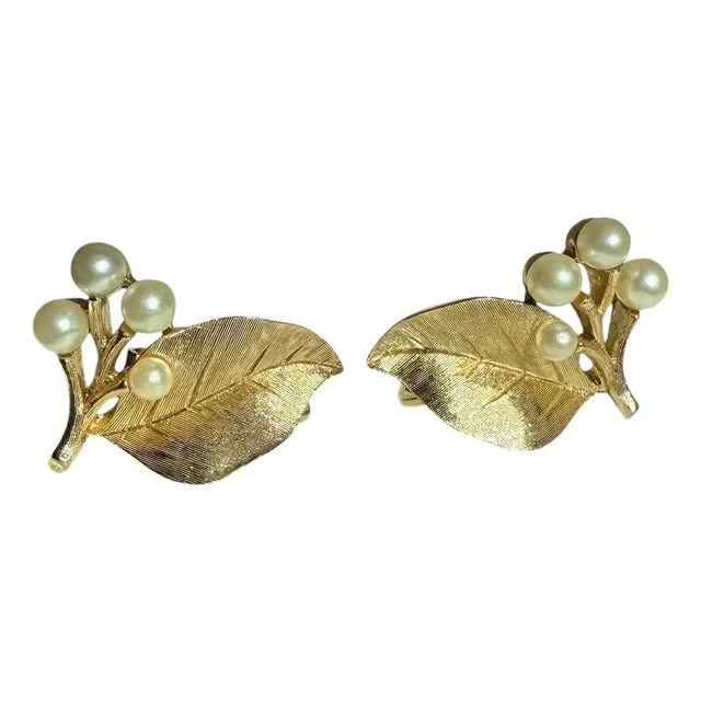 Mid 20th Century Trifari Vintage Gold Tone Leaf Earrings With Pear Accents