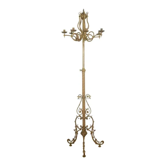 Mid 20th Century Victorian Brass 7 Arm Floor Candelabra Lamp