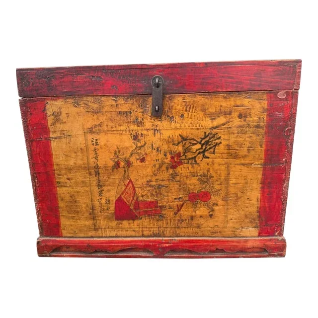 Mid 20th Century Vintage Chinese Hand Painted Storage Trunk Chest