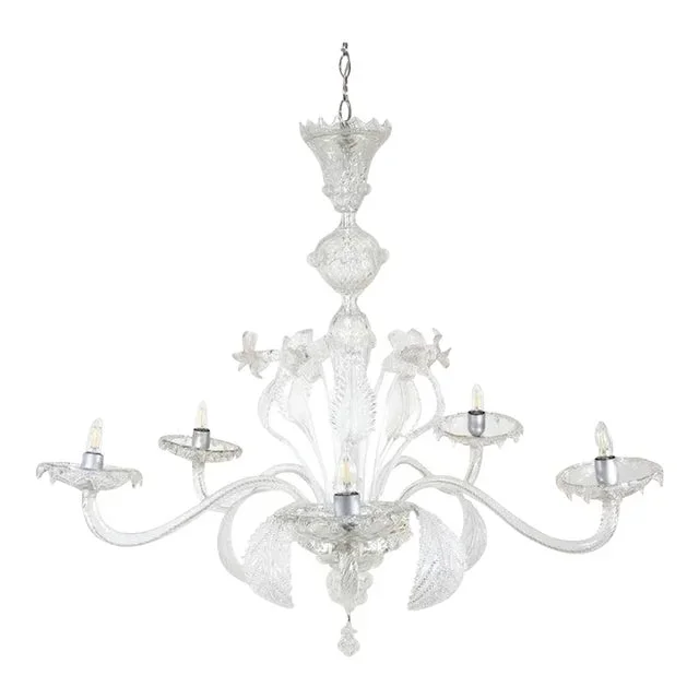 Mid Century Baroque Style Cristallo Murano Five Arm Chandelier