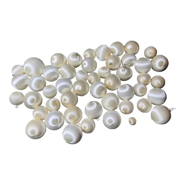Mid Century Cream Colored Satin Wrapped Christmas Ornaments- 49 Pieces