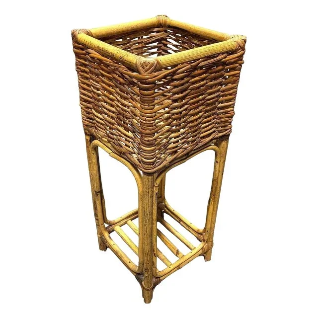 Mid Century Cubed Woven Rattan Pedestal Plant Stand