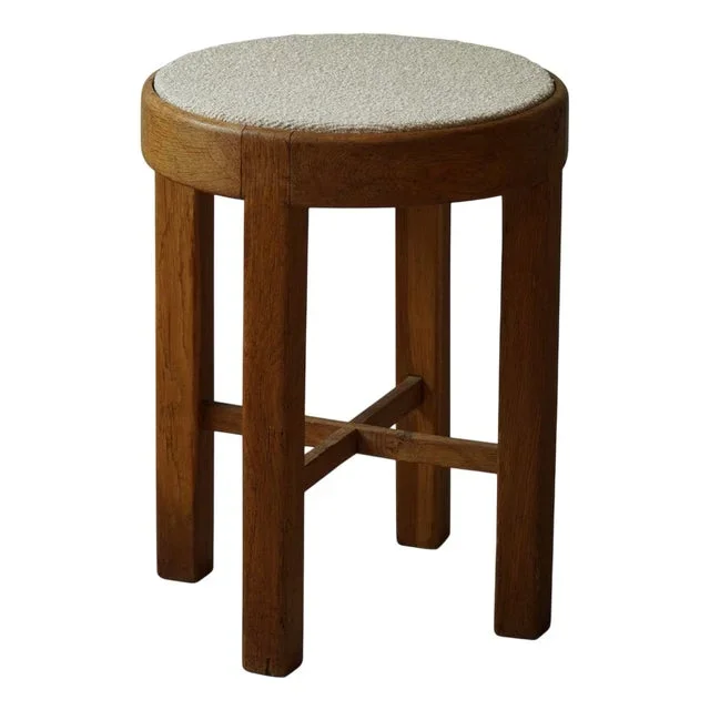 Mid-Century Danish Stool in Oak and Bouclé Wool, 1950s
