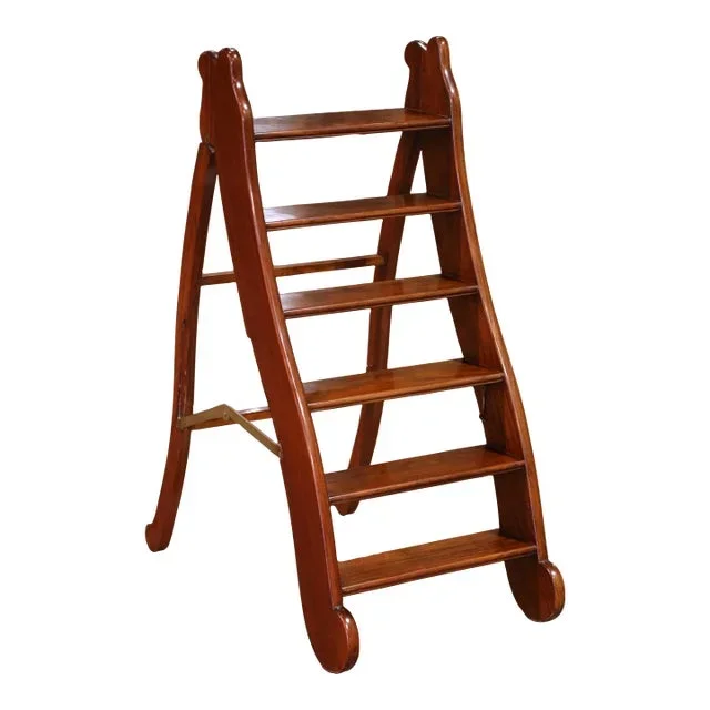 Mid-Century English Mahogany Folding Library Steps With Brass Hinges