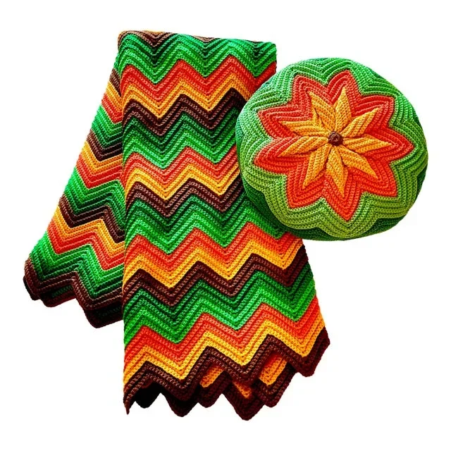 Mid-Century Folk Art Boho Chic Herringbone Crocheted Throw & Pillow – Set of 2