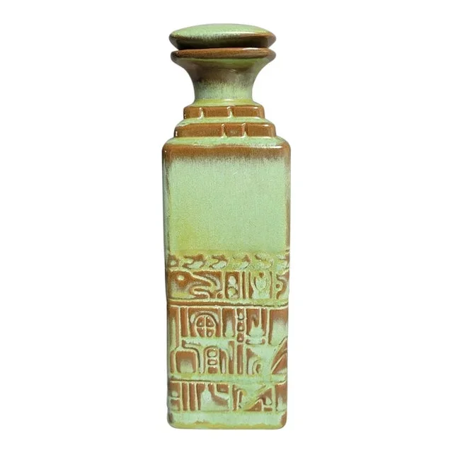 Mid-Century Frankoma Pottery Mayan-Aztec Decanter Bottle With Stopper – Prairie Green, 1960s