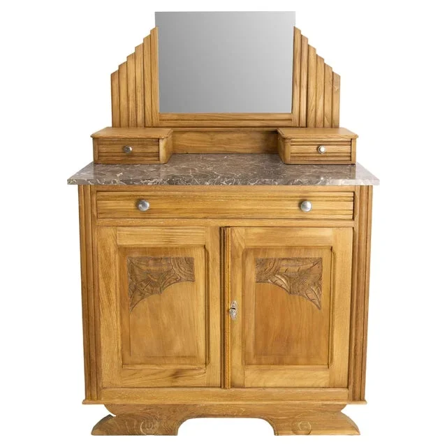 Mid-Century French Chestnut Marble Dressing Table with Mirror, 1940s