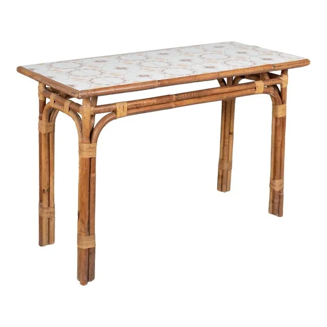 Mid-Century French Rattan Tile Top Console Table