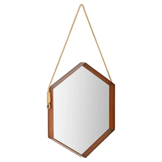 Mid-Century Hexagonal Mirror in Teak and Leather attributed to Campo & Graffi, Italy, 1960s