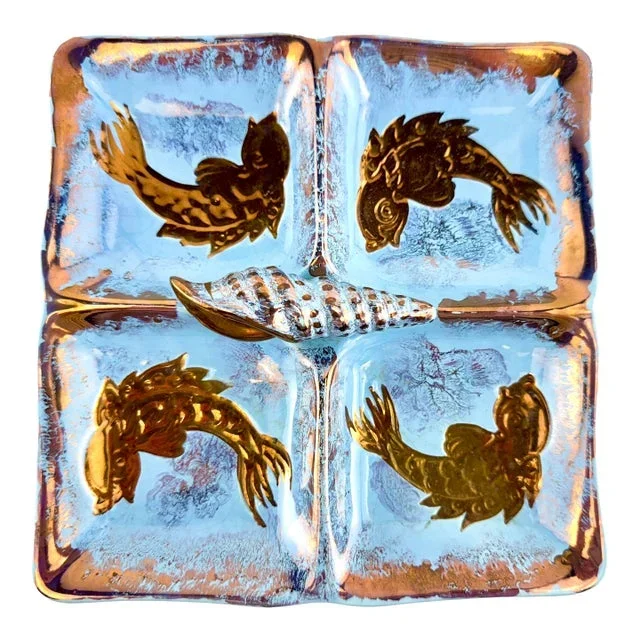 Mid-Century Japanese Ceramic Divided Tray With Gilt Koi and Shell Motif