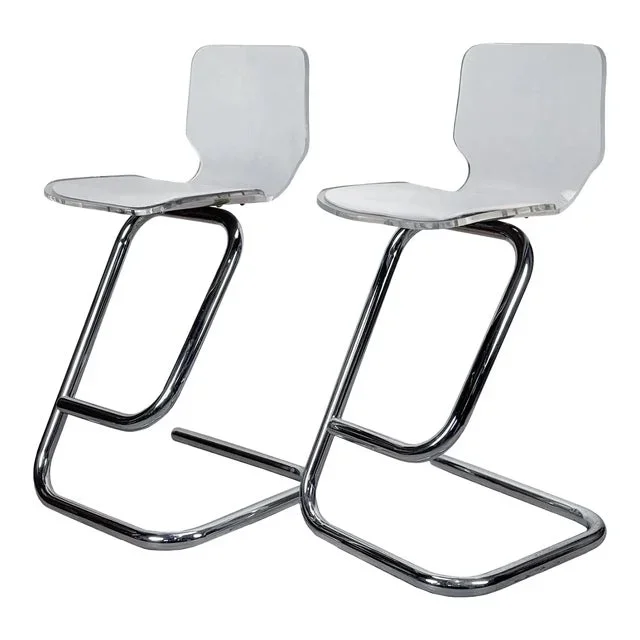 Mid-Century Luigi Bardini Lucite & Tubular Chrome Sculptural Bar Stools – a Pair