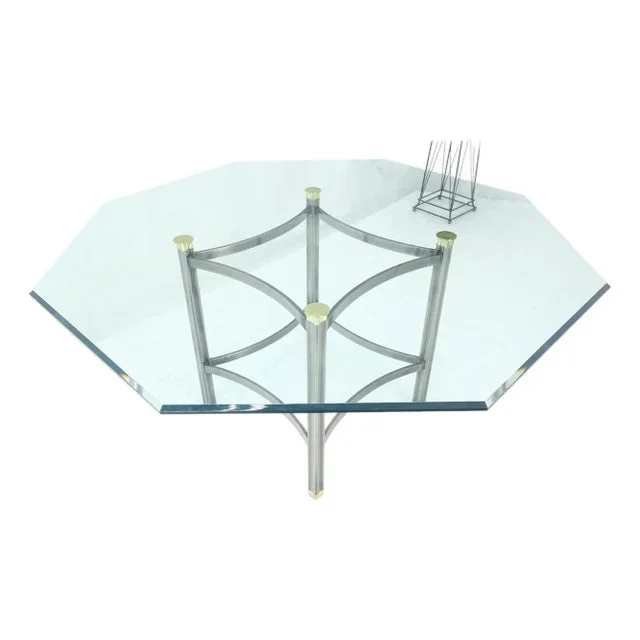 Mid Century Modern 60″ Octagon 3/4″ bevel Glass Top Brass Base Dining Table
