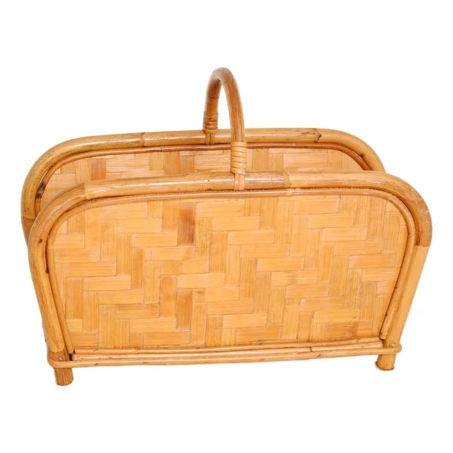Mid-Century Modern Bamboo and Rattan and Oak Magazine Rack, 1950s