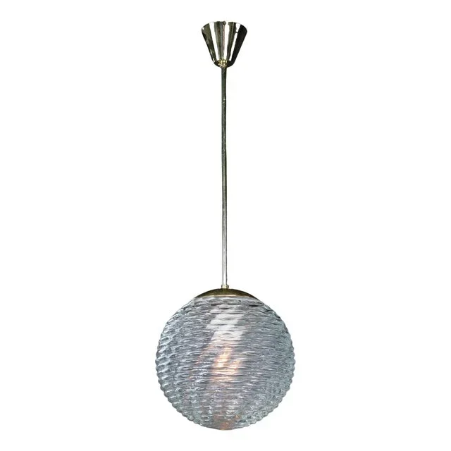 Mid-Century Modern Brass and Patterned Glass Pendant, Prague, 1960s