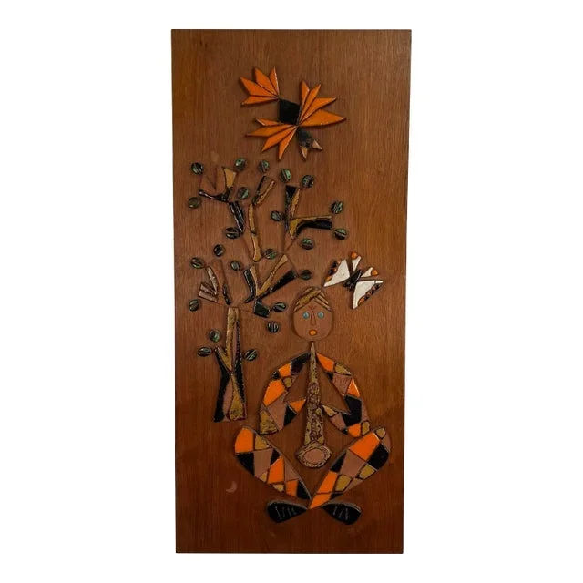 Mid Century Modern Ceramic Mosaic on Teak Wood La Luna