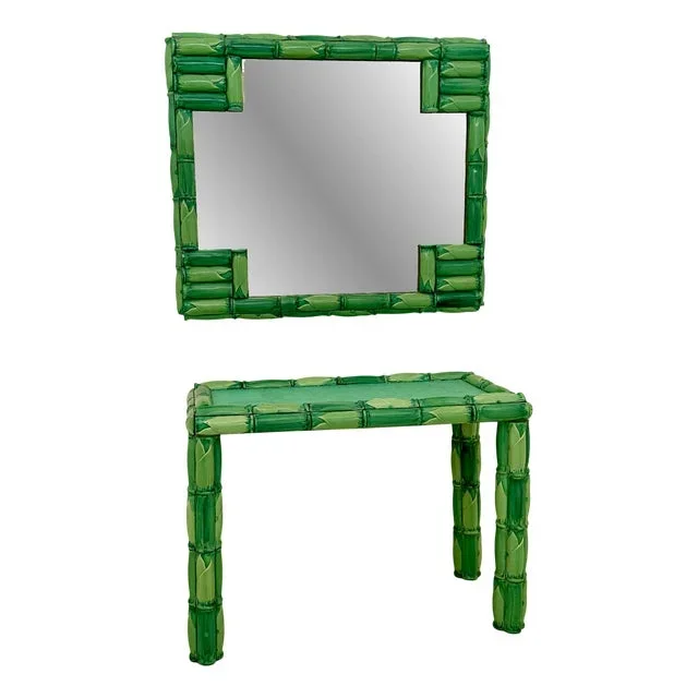 Mid-Century Modern Green Ceramic Console Table with Mirror, 1970, Set of 2