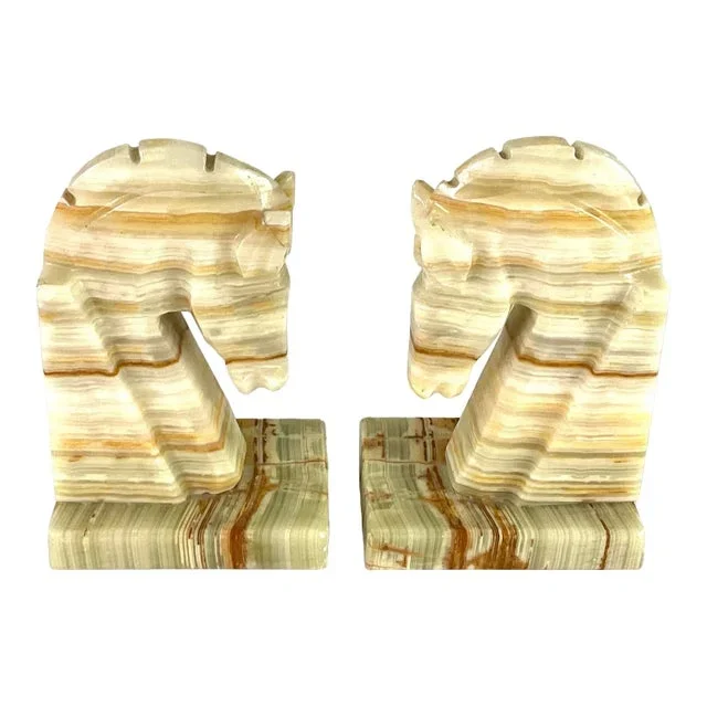 Mid-Century Modern Onyx Chess Knight/Horse Head Bookends – a Pair