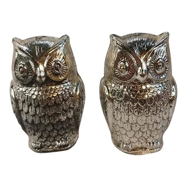 Mid-Century Modern Owl Silver Tone Salt and Pepper