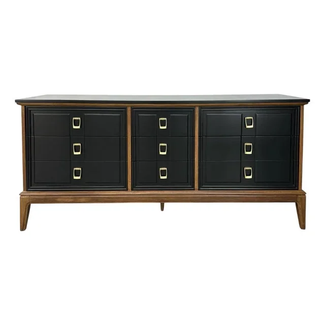 Mid Century Modern Wood Dresser by Dixie Furniture Refinished in Two-Tone Black With Gold Brass Hardware – 1960s