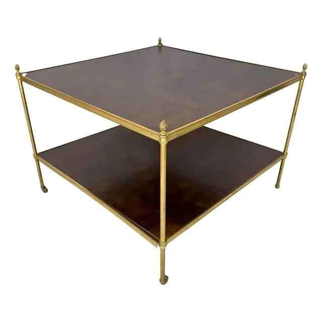 Mid-Century Neoclassical Two Tiered Leather Top Brass Side Table