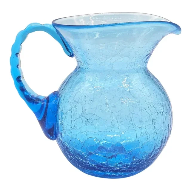 Mid-Century Rainbow Crackle Glass Pitcher – Hand Blown Blue Jug With Twisted Handle
