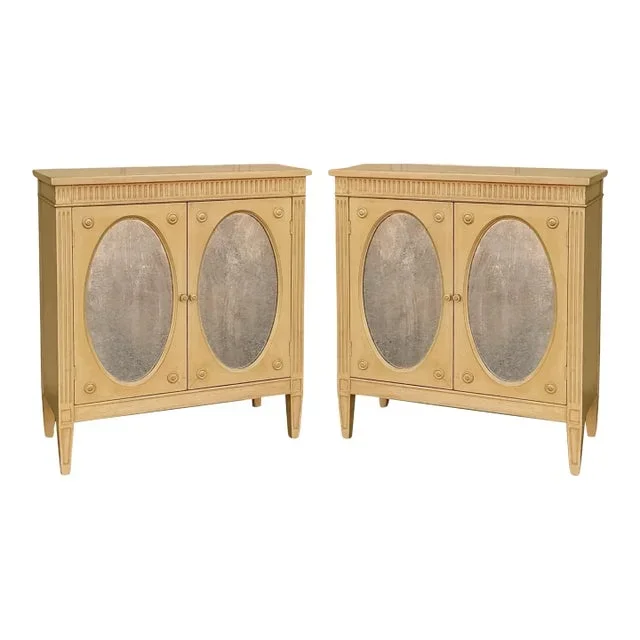 Mid-Century Regency Style Carved and Mirrored Cabinets / Side Tables – Pair