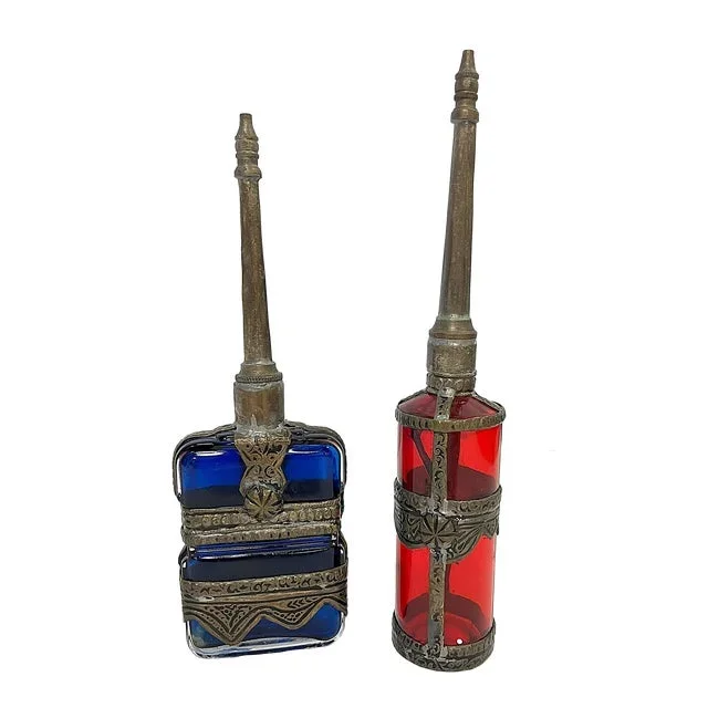Mid Century Spanish Campomar Glass and Metal Bottles- a Pair