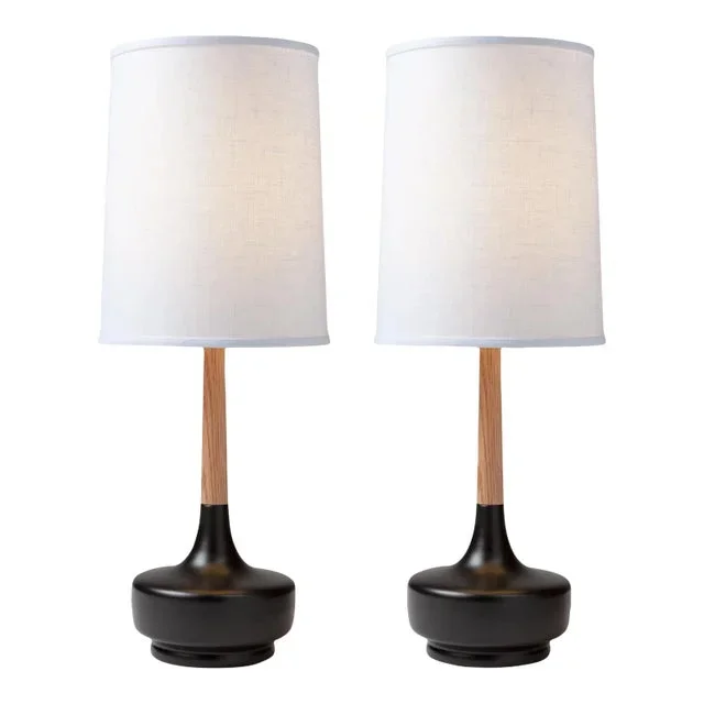 Mid-Century Table Lamp Ceramic & Oak—Brooke Cherry Grove—Pair